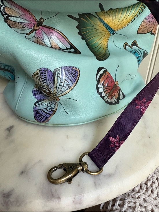Anuschka Hand-Painted Genuine Leather Bucket Backpack Purse Blue Butterfly Bag